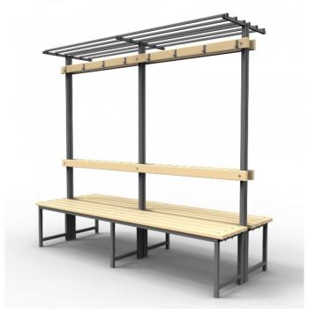 Скамейка для раздевалок с вешалкой и полкой двойная с пластиковыми рейками SRVPD 150/75/182 1,5 метра - SPORTSMAN завод спортивного инвентаря VASIL